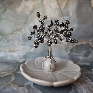 Handmade Hematite Tree of Life on Ceramic Dish - Silver Accents